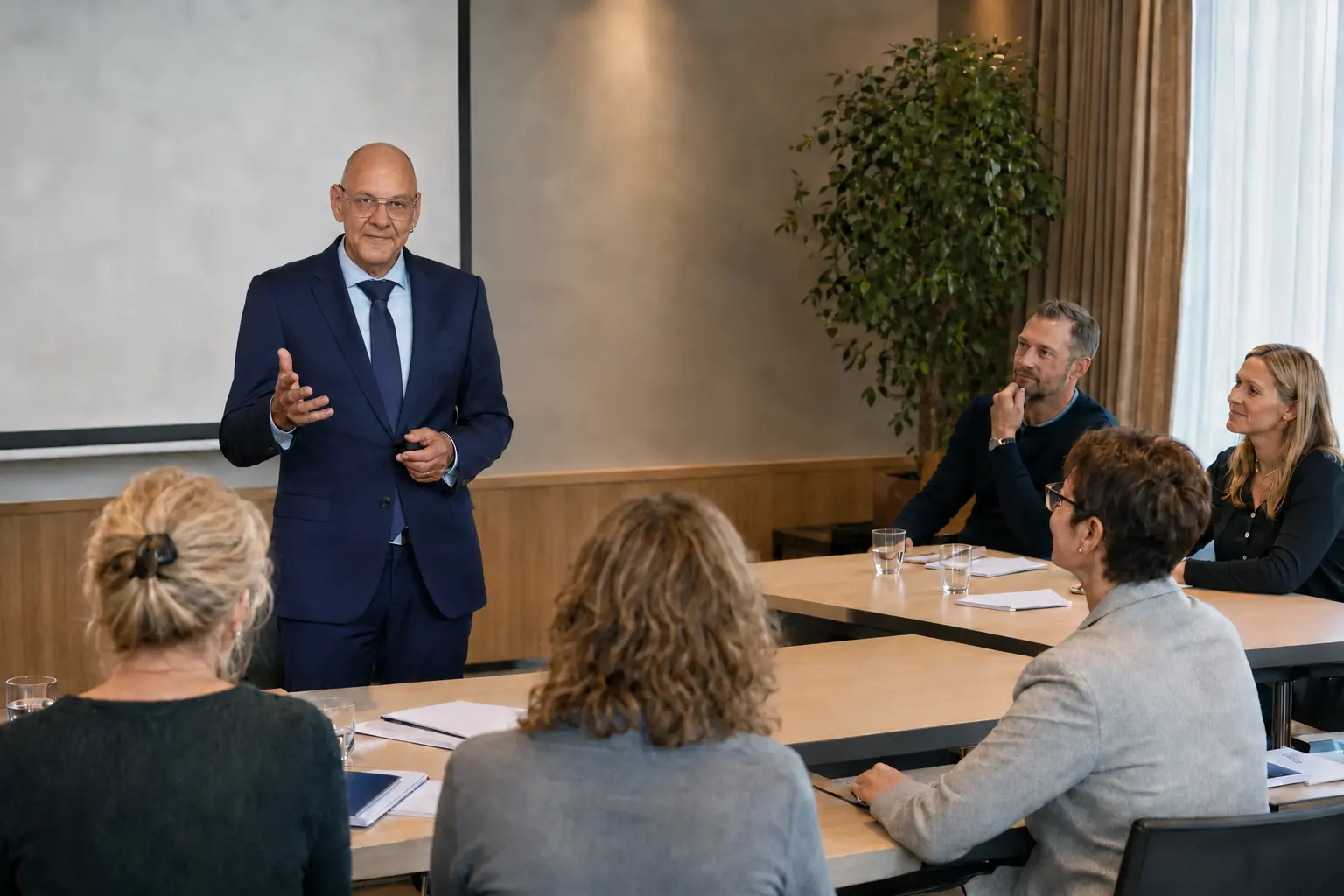 Carsten Riedel leitet eine Trauerrednerausbildung vor einer Seminargruppe.